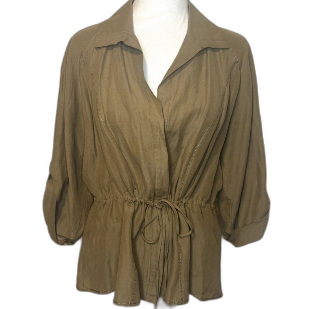 Nurture Linen Blend Jacket Blouse Drawstring Waist Khaki Tan Womens M